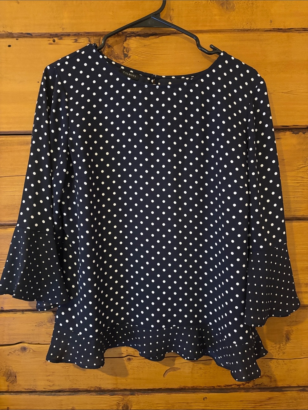 Talbots Navy and White Polka Dot Ruffle-Hem Blouse